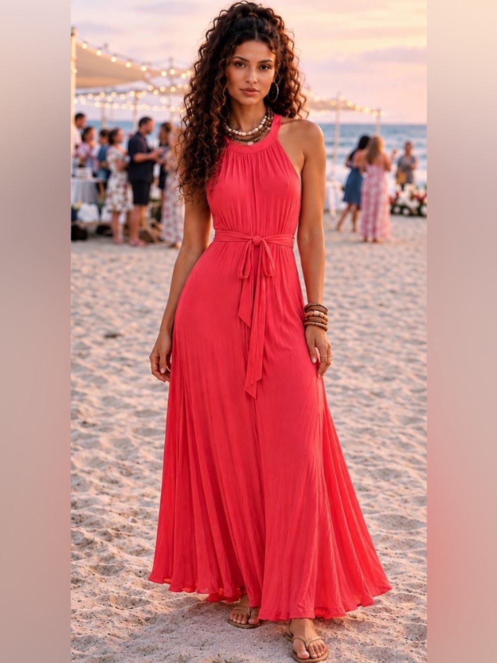 Old Navy Coral Halter Maxi Dress with Waist Tie